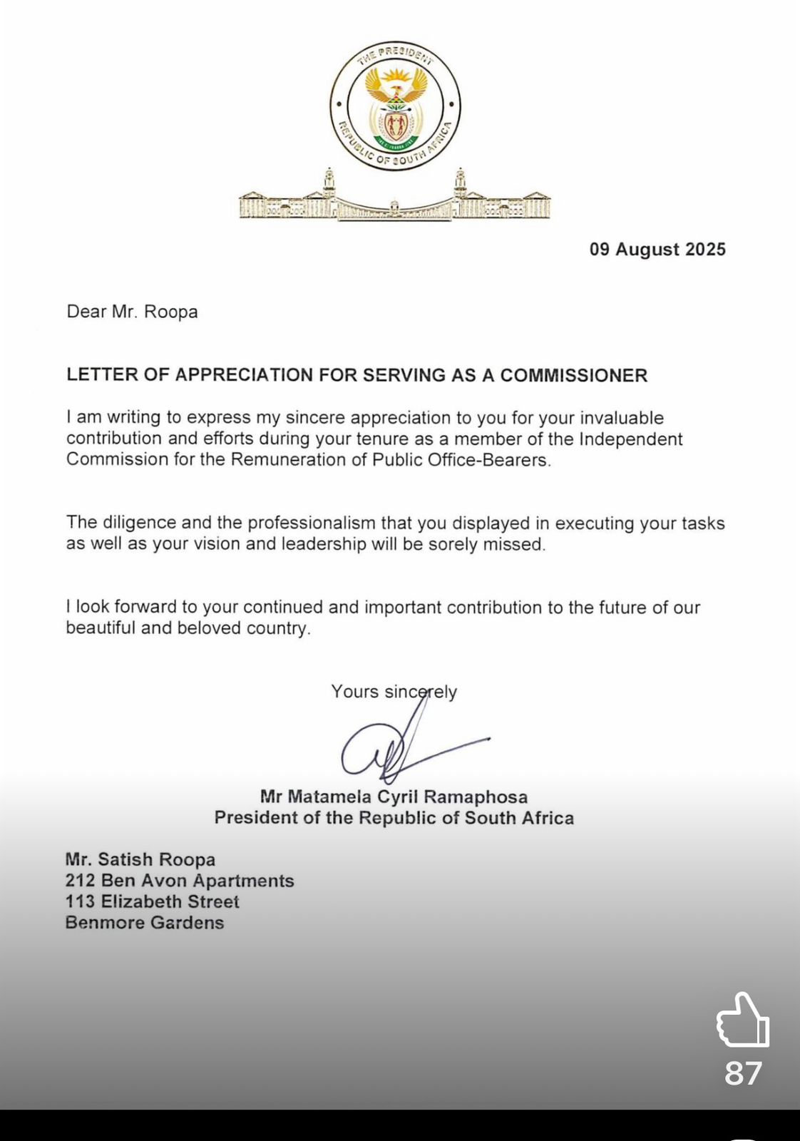 Letter of Appreciation for Satish Roopa